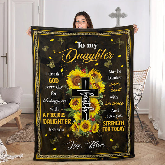 Christian Fleece Blanket for Daughter, Sunflower Cross Gift from Mom