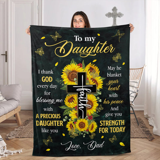 Christian Fleece Blanket for Daughter, Sunflower Cross Gift from Dad