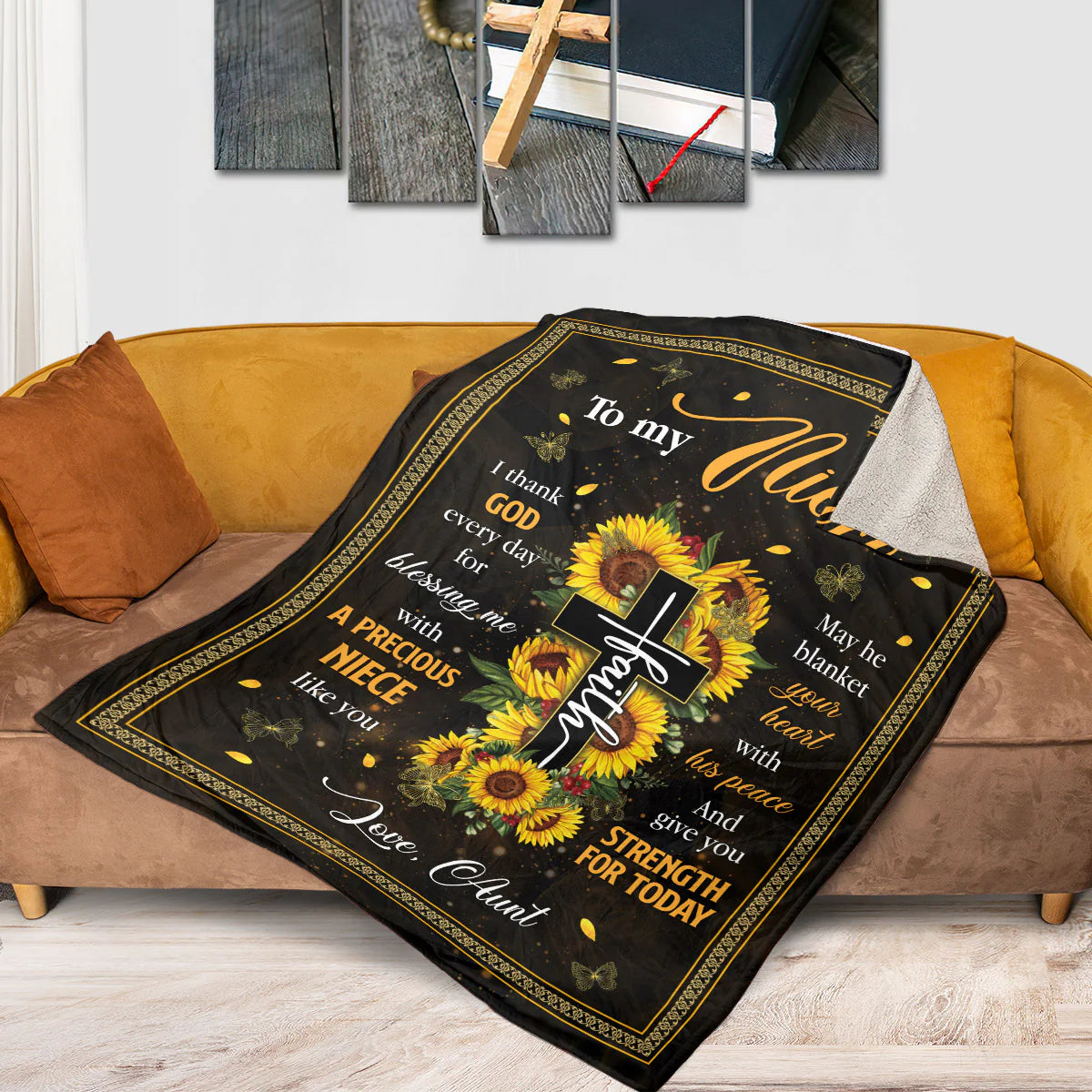 Christian Fleece Blanket for Niece, Sunflower Cross Gift from Aunt