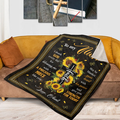 Christian Fleece Blanket for Niece, Sunflower Cross Gift from Aunt
