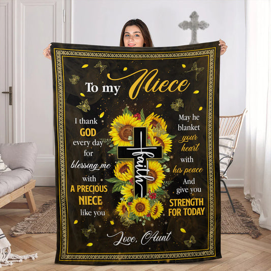 Christian Fleece Blanket for Niece, Sunflower Cross Gift from Aunt