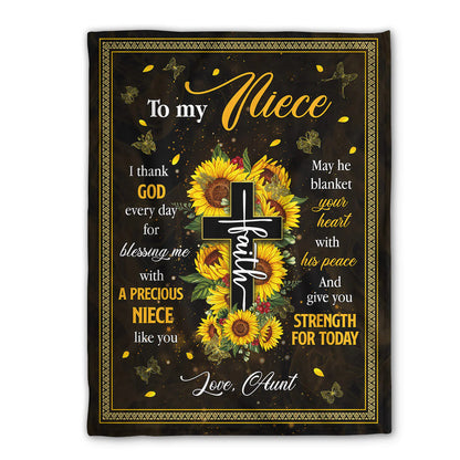 Christian Fleece Blanket for Niece, Sunflower Cross Gift from Aunt