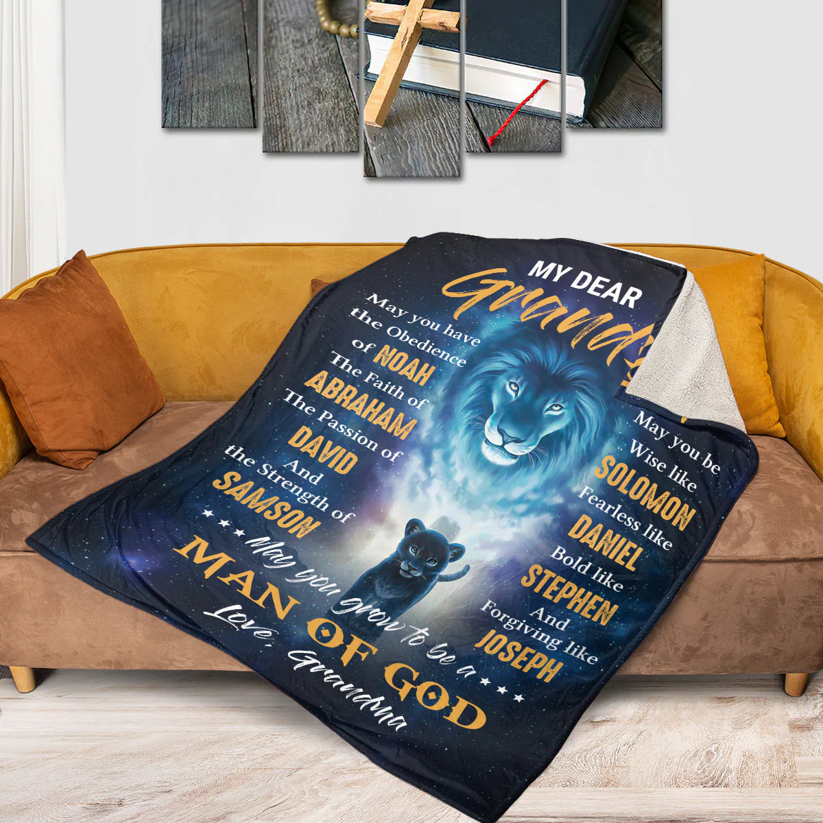 Christian Fleece Blanket for Grandson, Lion Faith Prayer Gift from Grandma