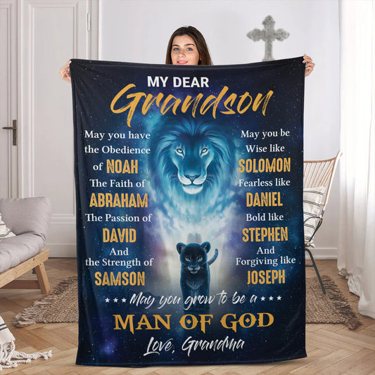 Christian Fleece Blanket for Grandson, Lion Faith Prayer Gift from Grandma