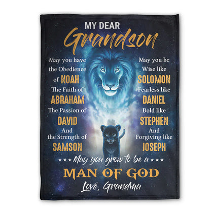 Christian Fleece Blanket for Grandson, Lion Faith Prayer Gift from Grandma