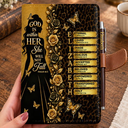 God Is Within Her She Will Not Fall, Gift For Women | Personalized Leather Notebook & Pen Set