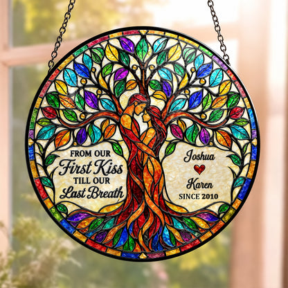 From Our First Kiss Tree Of Love, Gift For Loved One | Personalized Stained Glass Window Hanging Suncatcher