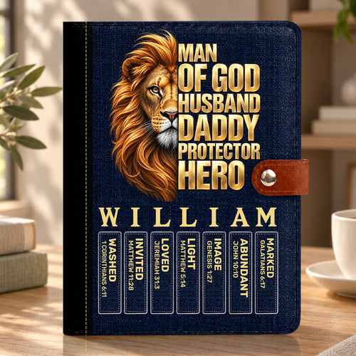 Man Of God Husband Dad Protector Hero, Gift For Dad | Personalized Leather Notebook Cover With Pocket