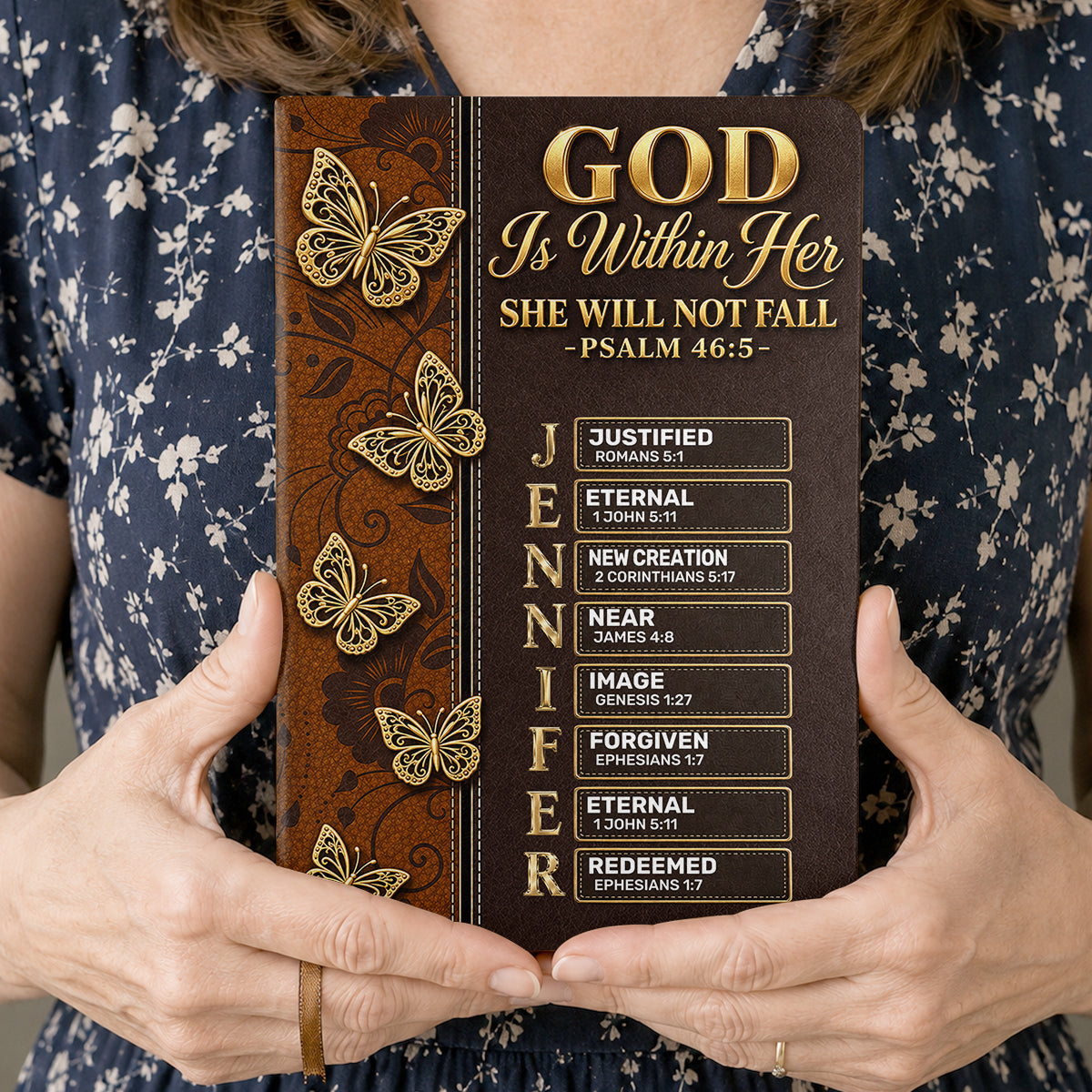 God Is Within Her She Will Not Fall, Gift For Women | Personalized Leather Cover Notebook