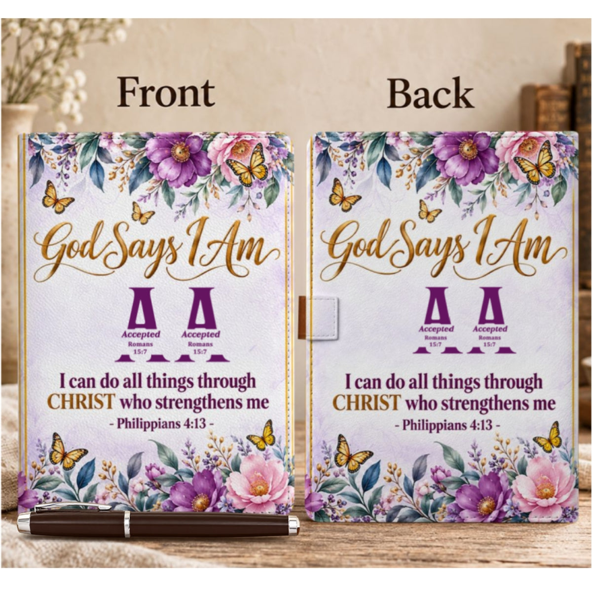 God Says I Am, Gift For Women | Personalized Leather Notebook & Pen Set