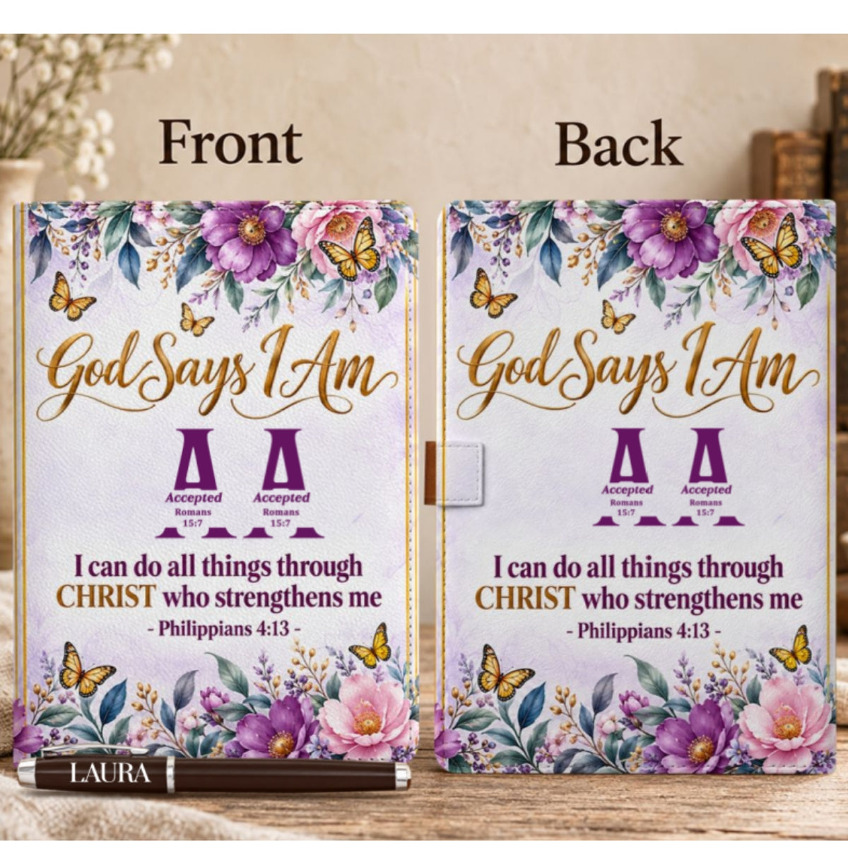 God Says I Am, Gift For Women | Personalized Leather Notebook & Pen Set