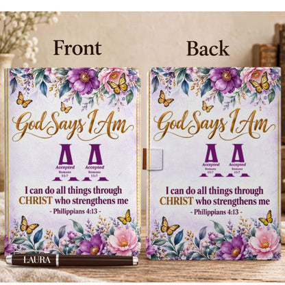 God Says I Am, Gift For Women | Personalized Leather Notebook & Pen Set