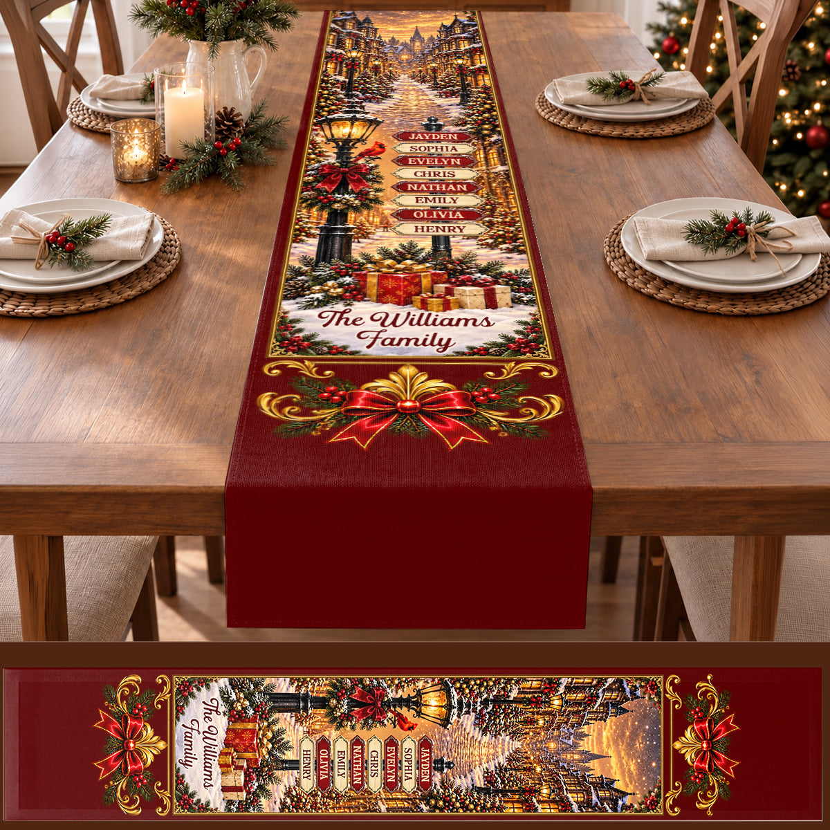 Custom Name Christmas Village Family Decor, Gift For Family | Personalized Table Runner
