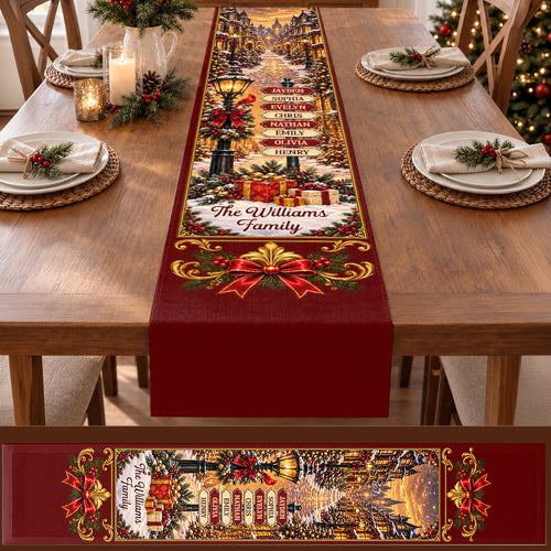 Custom Name Christmas Village Family Decor, Gift For Family | Personalized Table Runner