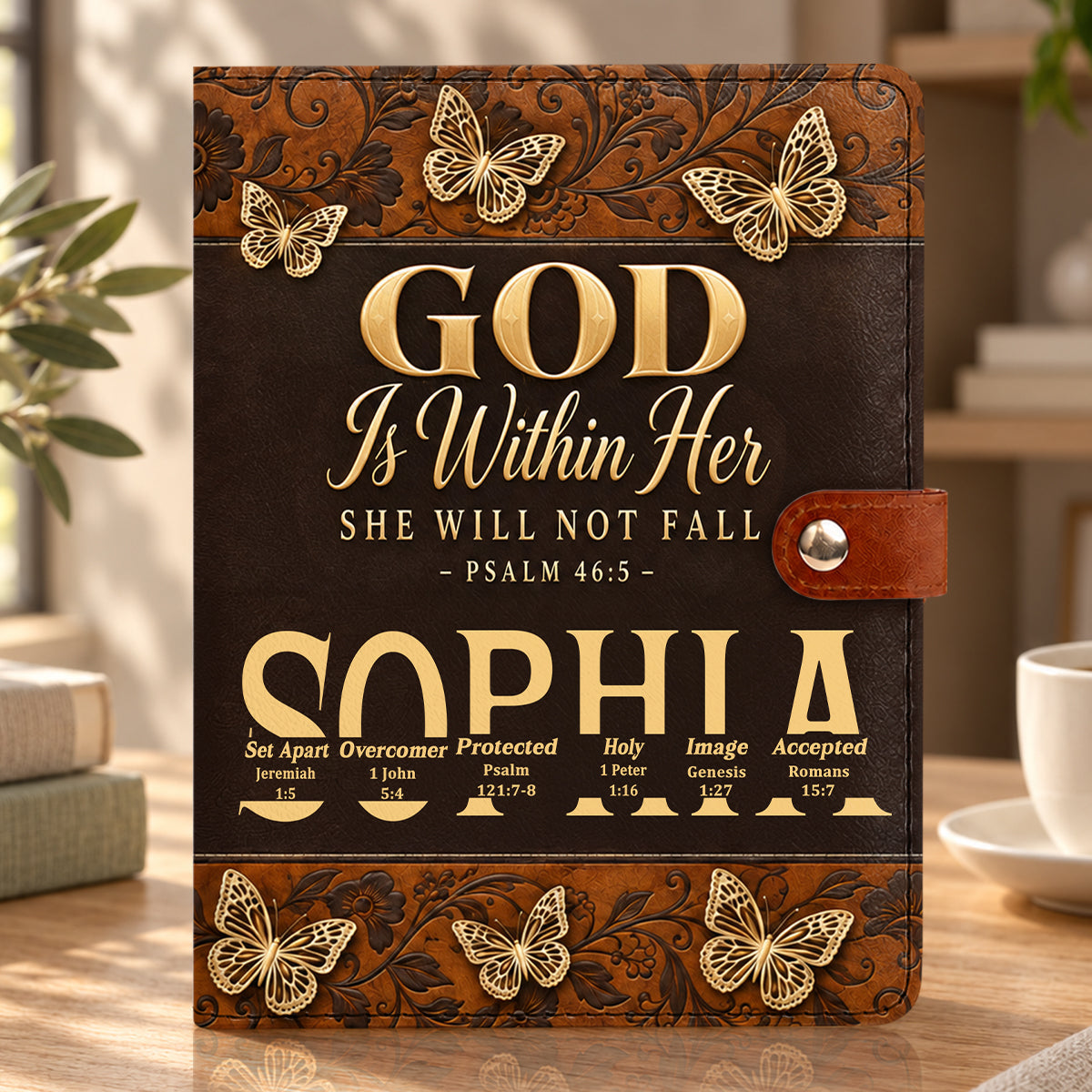 God Is Within Her She Will Not Fall, Gift For Women | Personalized Leather Notebook Cover With Pocket