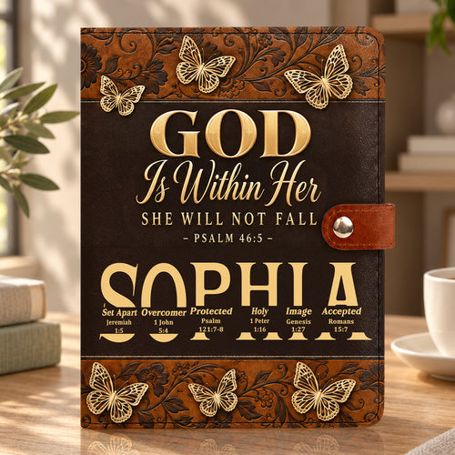 God Is Within Her She Will Not Fall, Gift For Women | Personalized Leather Notebook Cover With Pocket