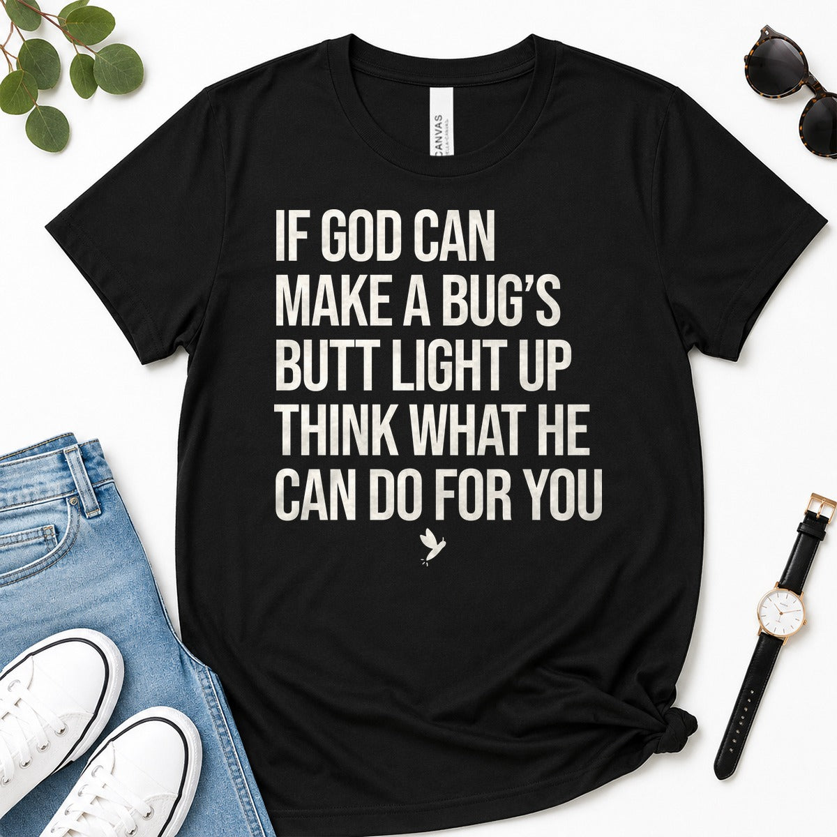 If God Can Make A Bug's Butt Light Up Think What He Can Do For You, Ephesians 3:20, Funny Christian Gift For Firefly Lovers | 2D Unisex Premium T-shirt