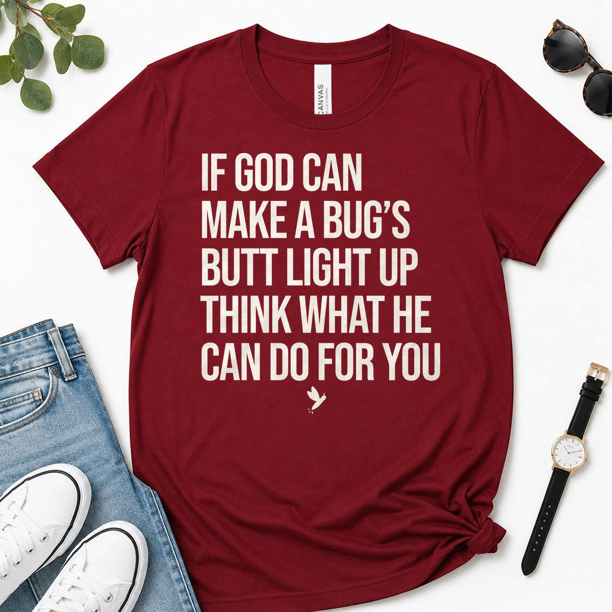 If God Can Make A Bug's Butt Light Up Think What He Can Do For You, Ephesians 3:20, Funny Christian Gift For Firefly Lovers | 2D Unisex Premium T-shirt