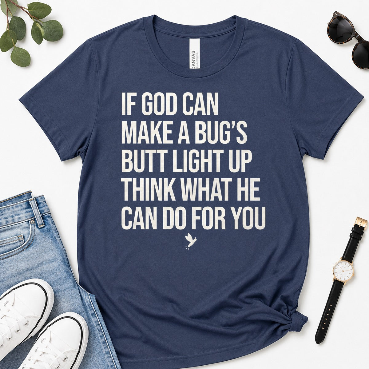 If God Can Make A Bug's Butt Light Up Think What He Can Do For You, Ephesians 3:20, Funny Christian Gift For Firefly Lovers | 2D Unisex Premium T-shirt