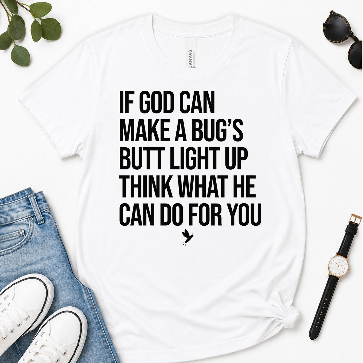 If God Can Make A Bug's Butt Light Up Think What He Can Do For You, Ephesians 3:20, Funny Christian Gift For Firefly Lovers | 2D Unisex Premium T-shirt