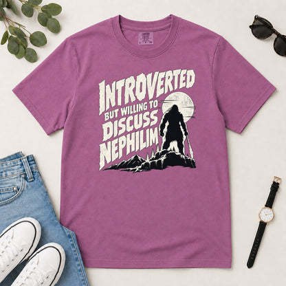 Introverted But Willing To Discuss Nephilim, Gift For Christian Introverts - 2D Unisex Garment-dyed T-shirt