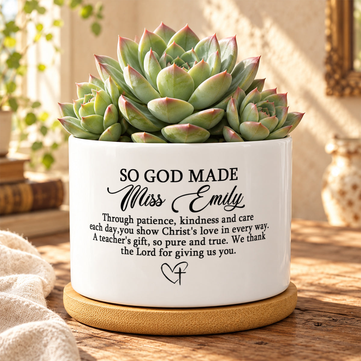 So God Made A Teacher, Gift For Teacher | Personalized Ceramic Plant Pot With Bamboo Tray
