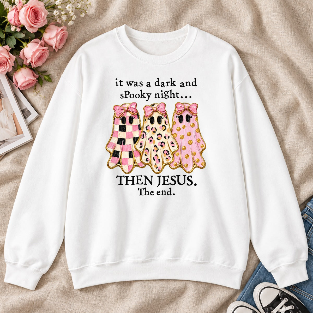 It Was A Dark And Spooky Night Then Jesus The End Pink Ghosts, Gift For Christian Women - 2D Unisex Sweatshirt