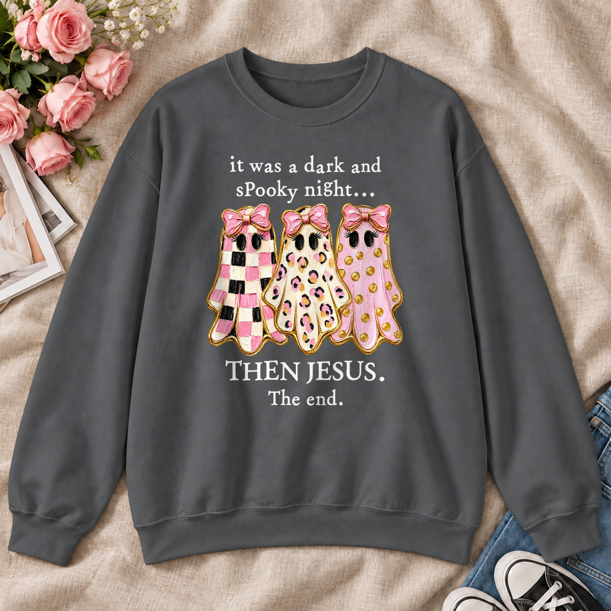 It Was A Dark And Spooky Night Then Jesus The End Pink Ghosts, Gift For Christian Women - 2D Unisex Sweatshirt