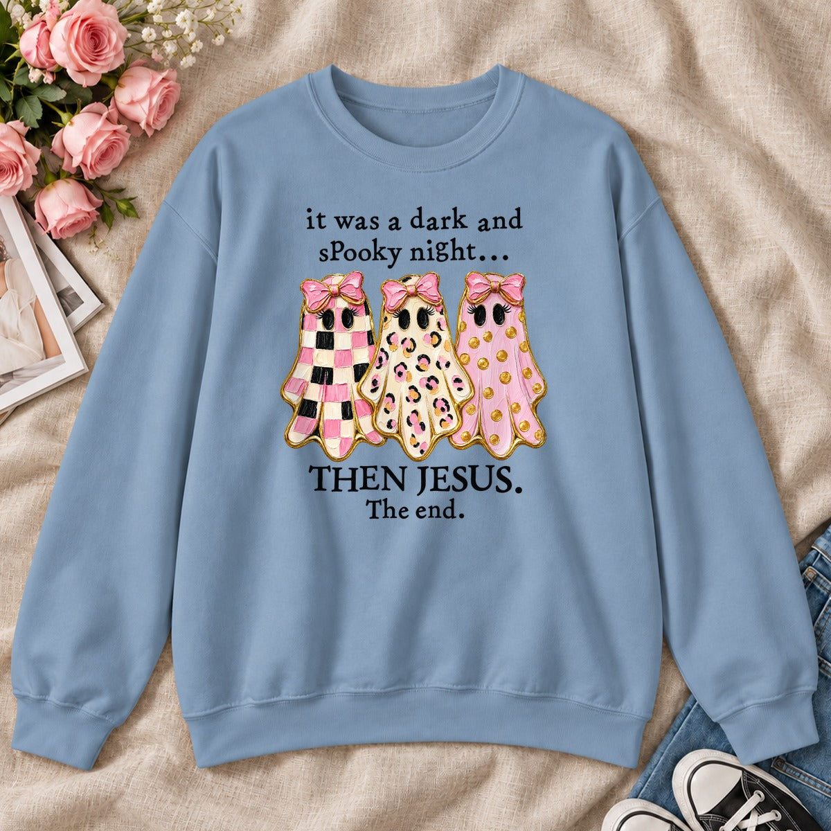 It Was A Dark And Spooky Night Then Jesus The End Pink Ghosts, Gift For Christian Women - 2D Unisex Sweatshirt