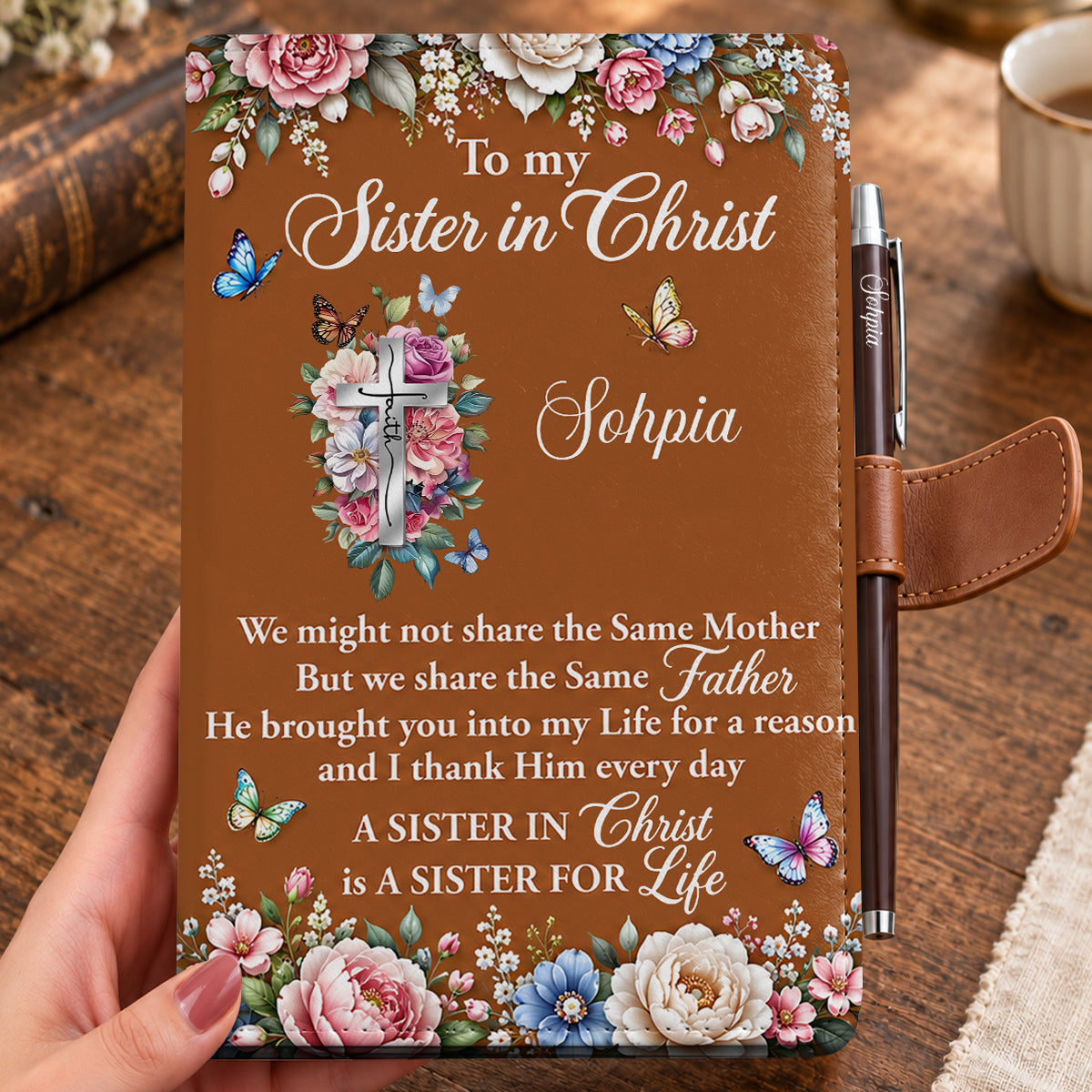 To My Sister In Christ, Gift For Sister | Personalized Leather Notebook & Pen Set