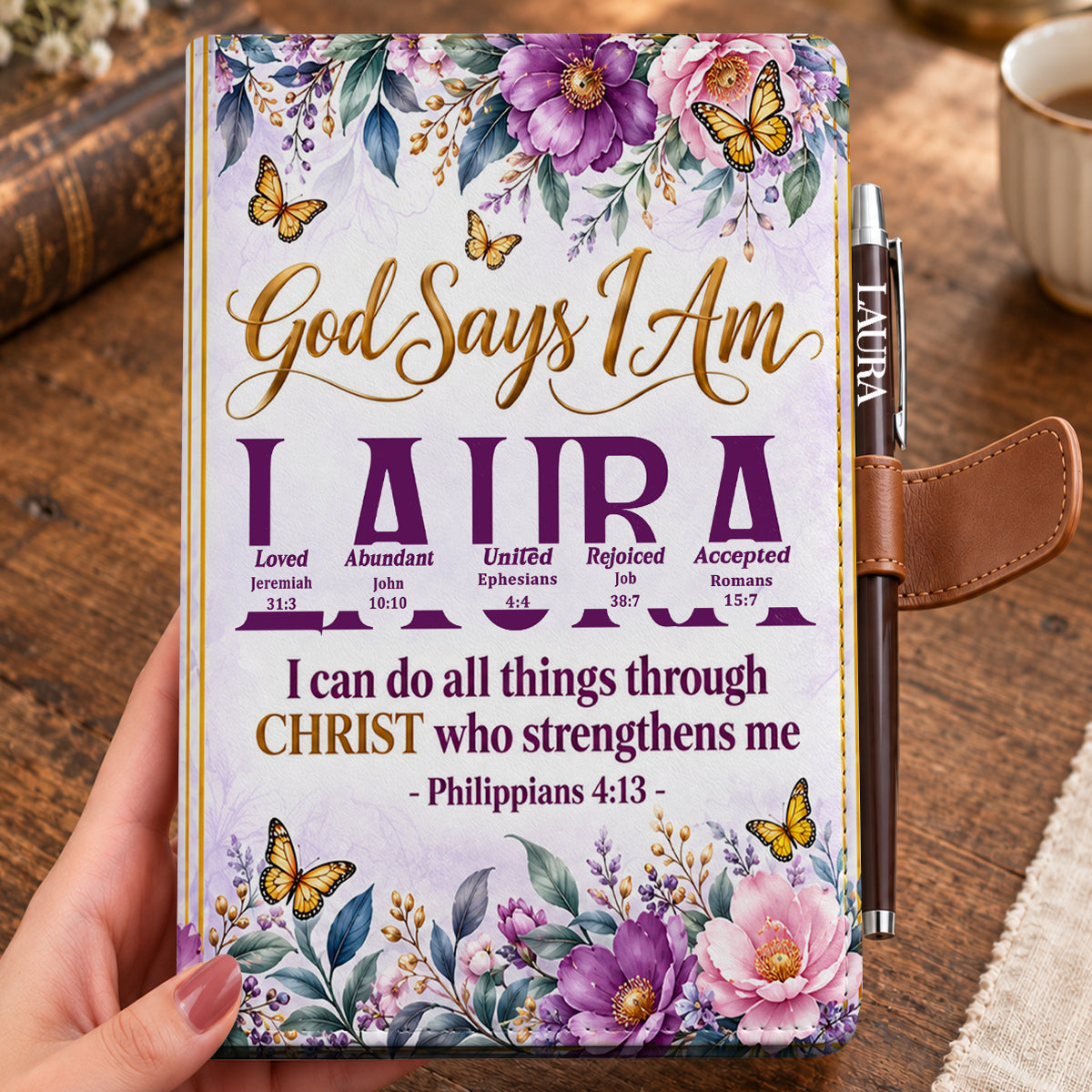 God Says I Am, Gift For Women | Personalized Leather Notebook & Pen Set