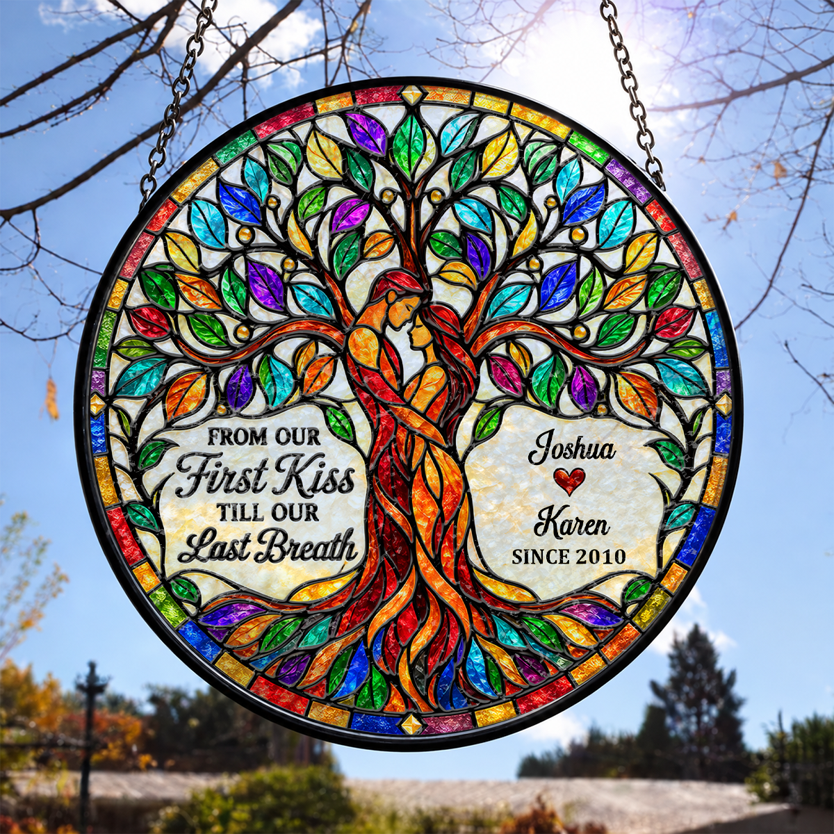 From Our First Kiss Tree Of Love, Gift For Loved One | Personalized Stained Glass Window Hanging Suncatcher