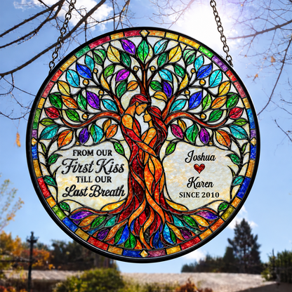 From Our First Kiss Tree Of Love, Gift For Loved One | Personalized Stained Glass Window Hanging Suncatcher