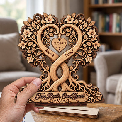 Couple Heart Tree Wooden Block, Anniversary Gifts For Couples | Personalized 2-Layer Wood Plaque With Flat Base