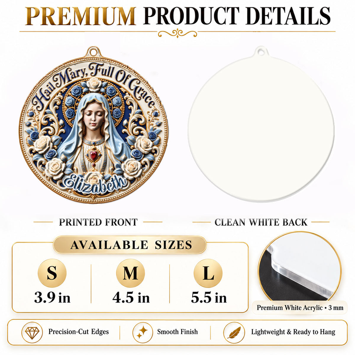Hail Mary Full Of Grace, Gift For Her | Personalized 3D Relief White Acrylic Ornament