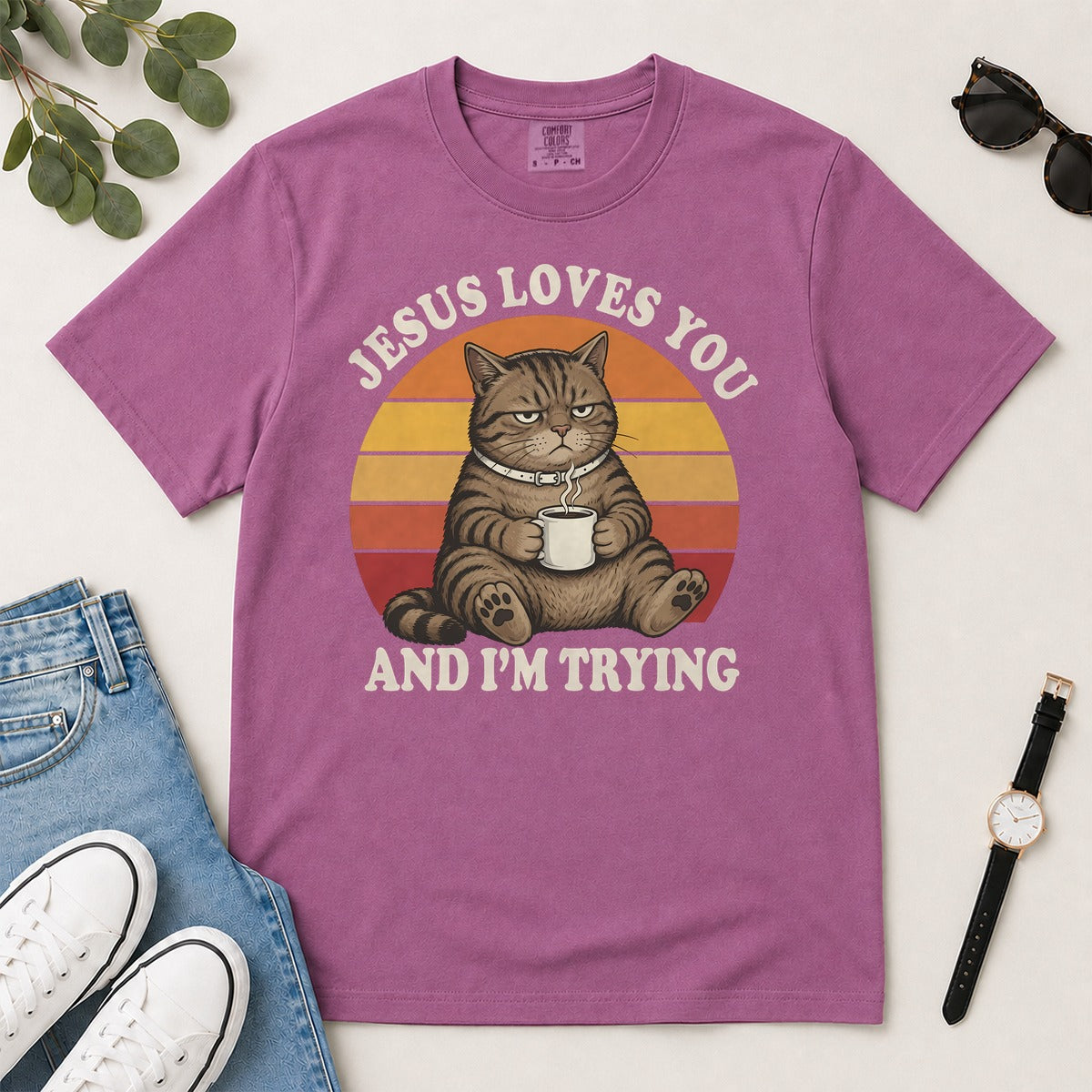 Jesus Loves You And I'm Trying, Funny Christian Cat Coffee, Gift For Christian Cat Lovers | 2D Unisex Garment-dyed T-shirt