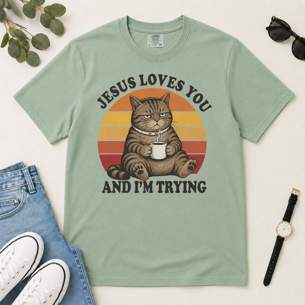 Jesus Loves You And I'm Trying, Funny Christian Cat Coffee, Gift For Christian Cat Lovers | 2D Unisex Garment-dyed T-shirt