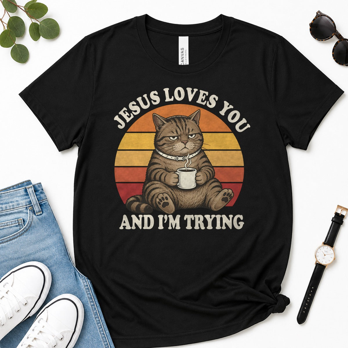 Jesus Loves You And I'm Trying, Funny Christian Cat Coffee, Gift For Christian Cat Lovers | 2D Unisex Premium T-shirt