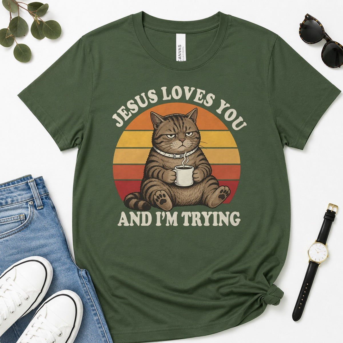 Jesus Loves You And I'm Trying, Funny Christian Cat Coffee, Gift For Christian Cat Lovers | 2D Unisex Premium T-shirt