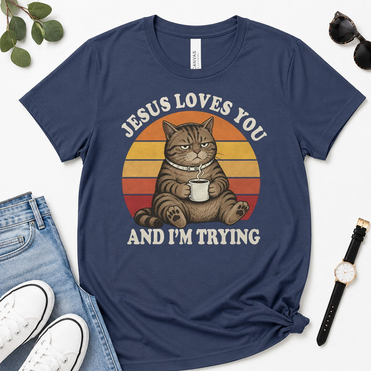 Jesus Loves You And I'm Trying, Funny Christian Cat Coffee, Gift For Christian Cat Lovers | 2D Unisex Premium T-shirt