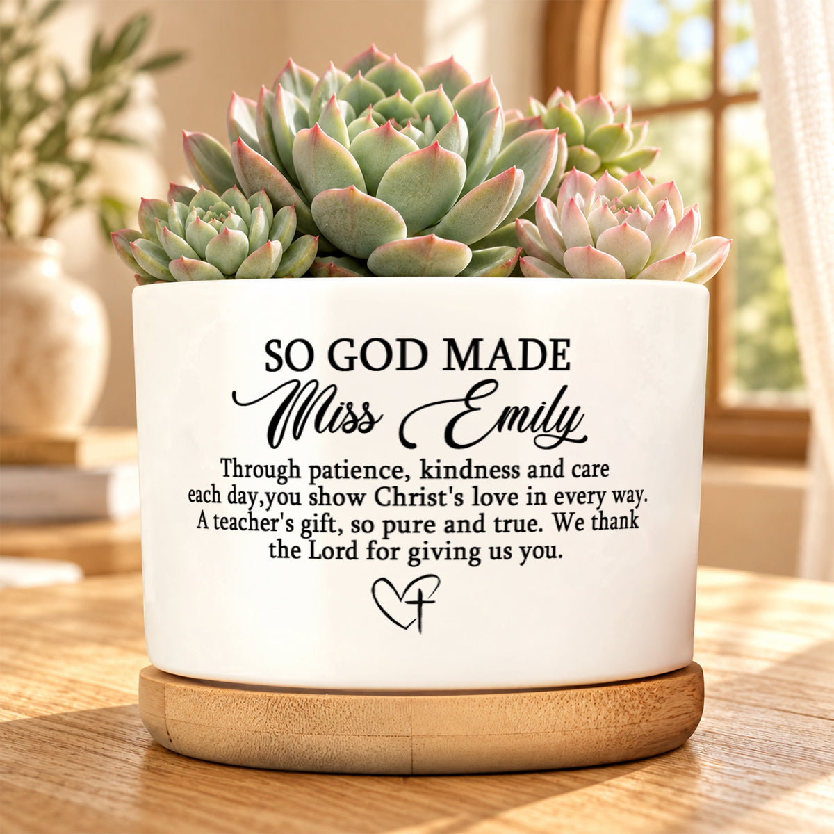 So God Made A Teacher, Gift For Teacher | Personalized Ceramic Plant Pot With Bamboo Tray