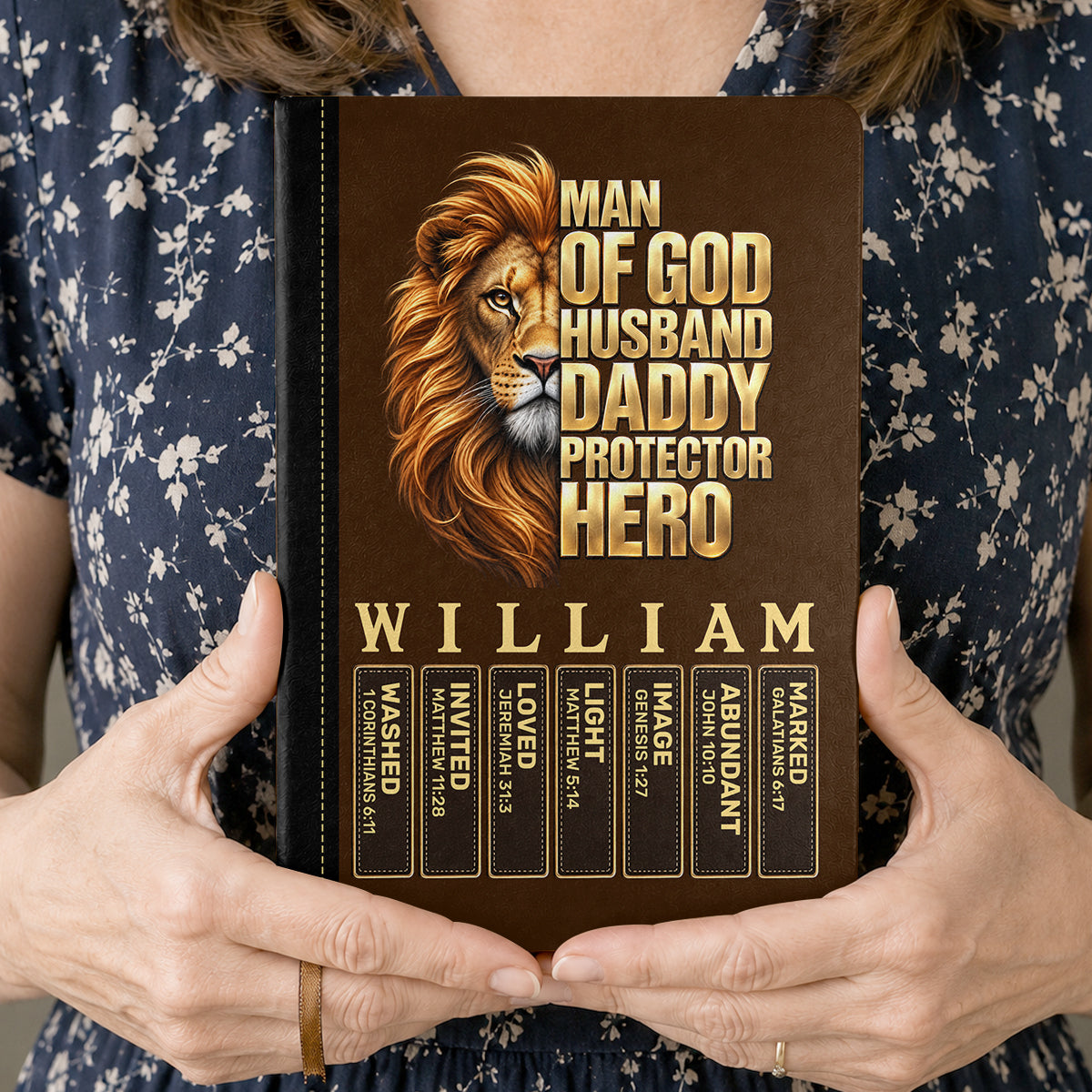Man Of God Husband Dad Protector Hero, Gift For Dad | Personalized Leather Cover Notebook