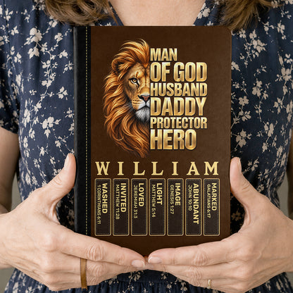 Man Of God Husband Dad Protector Hero, Gift For Dad | Personalized Leather Cover Notebook