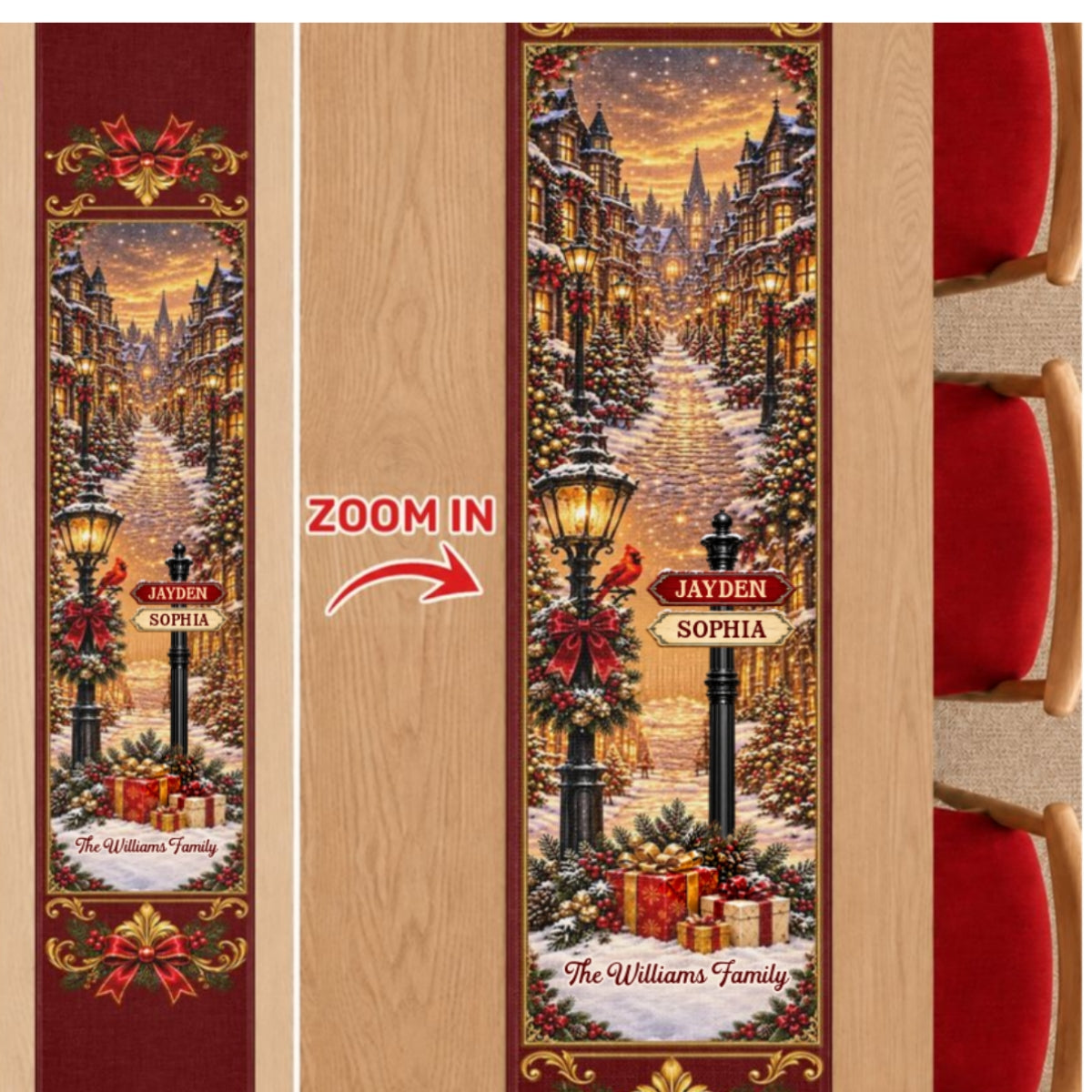 Custom Name Christmas Village Family Decor, Gift For Family | Personalized Table Runner