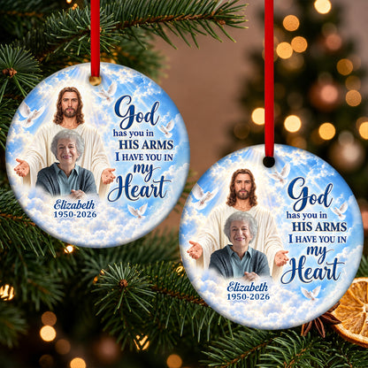 God Has You In His Arms, Gift For Mom | Personalized Heart Shaped Ceramic Ornament