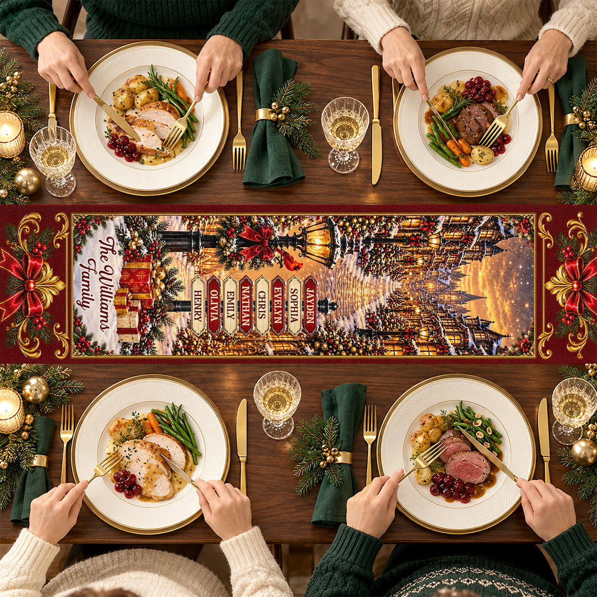 Custom Name Christmas Village Family Decor, Gift For Family | Personalized Table Runner