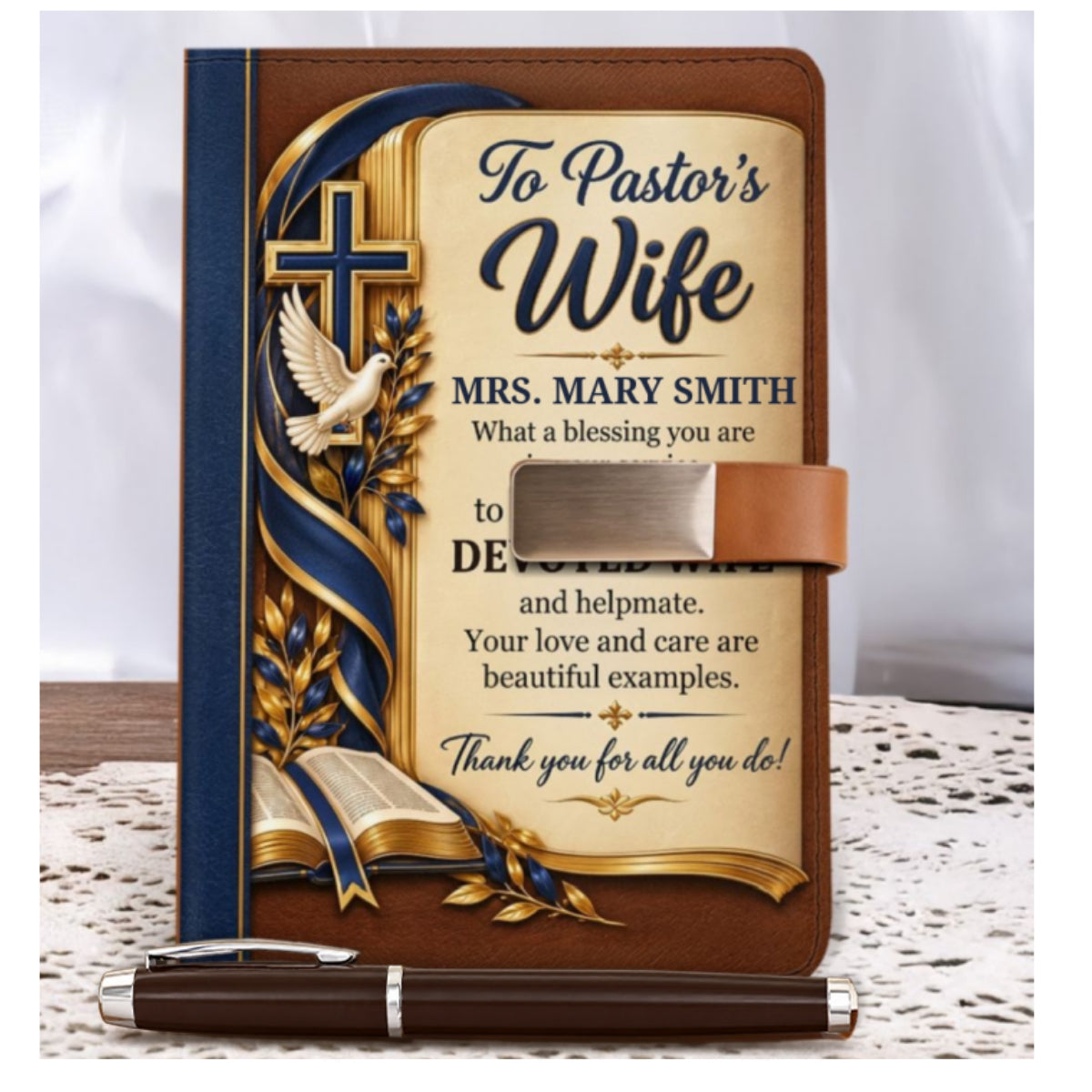 To Our Pastor And Pastor's Wife, Christian Gift For Pastor | Personalized Leather Notebook & Pen Set