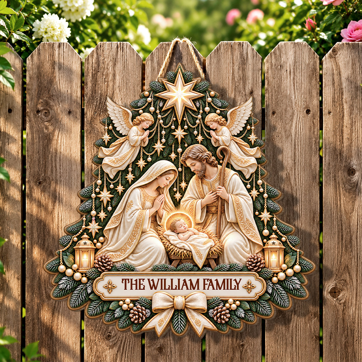 Holy Night Nativity Tree, Gift For Family | Personalized Wooden Door Sign