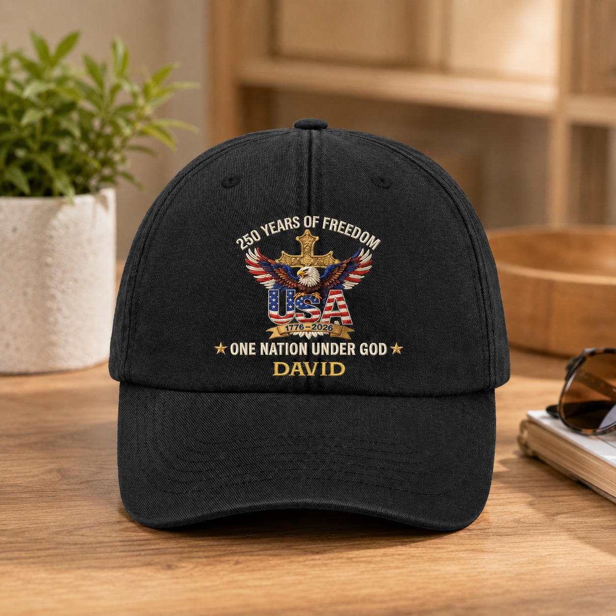 Faux Puff Embroidery Effect 250 Years Of Freedom One Nation Under God, Gift of Liberty | Personalized Vintage Washed Denim Cap