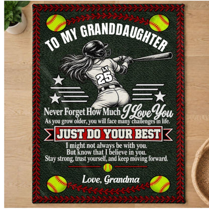 To My Granddaughter Softball Version, Gift For Granddaughter From Grandma | Personalized Fleece Blanket